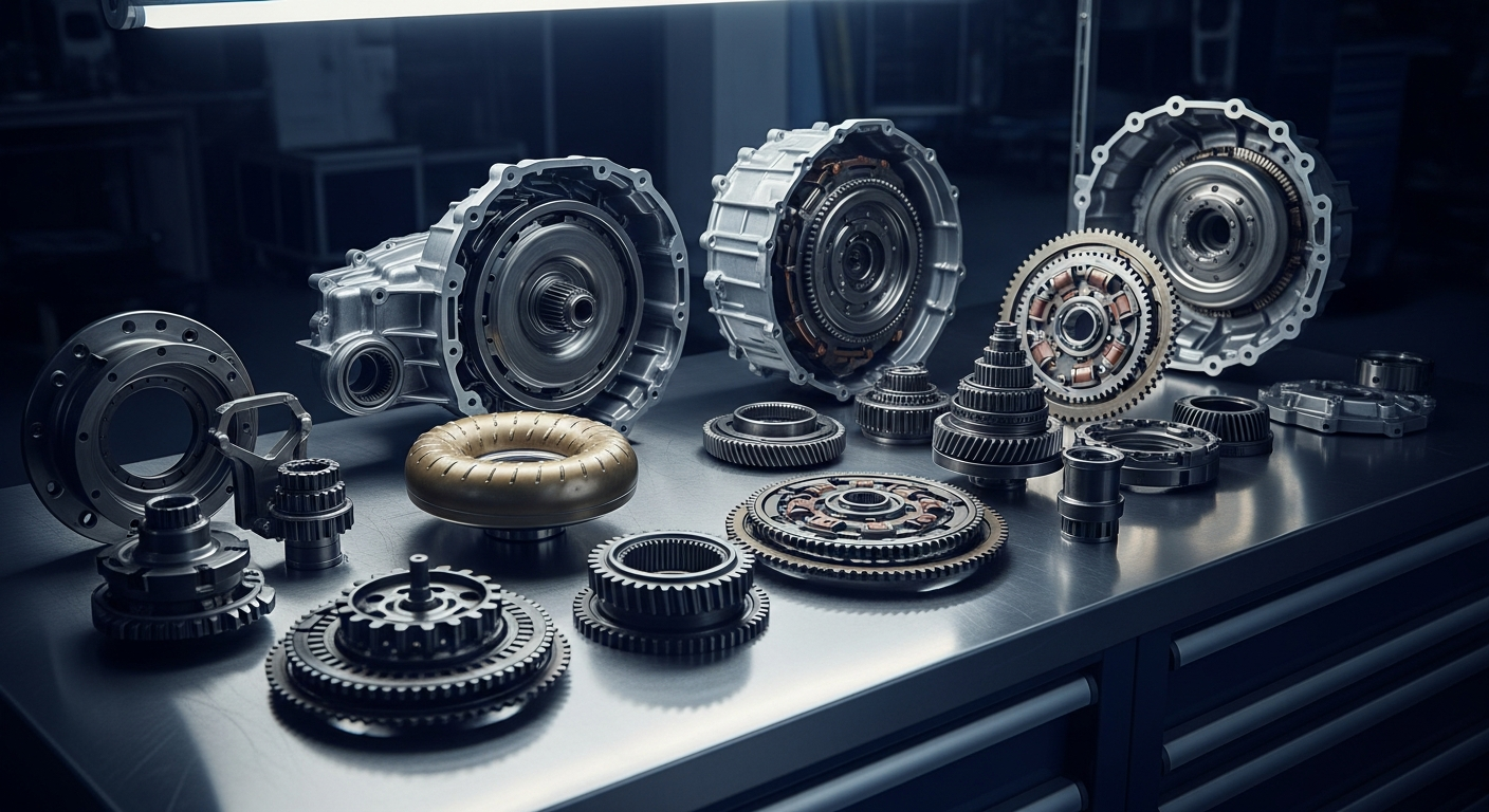 Disassembled transmission on workbench